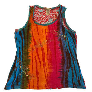 Indochine Colorful Blouse Embellished Sleeveless Top Tank sequins dragonfly Sz L